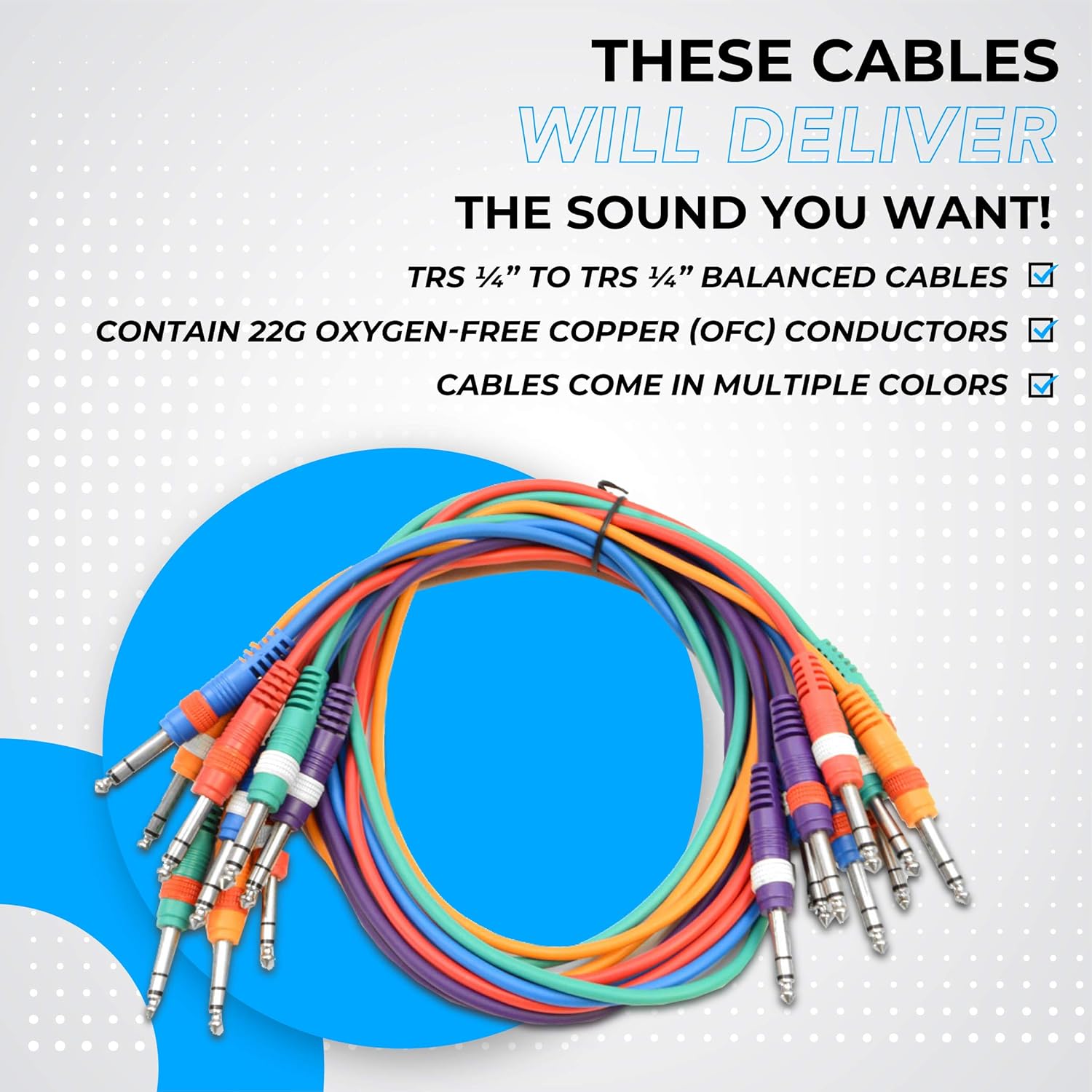 Seismic Audio Speakers 3 Foot TRS Jumper Patch Cables, Pack of 10, Multiple Colored Cables