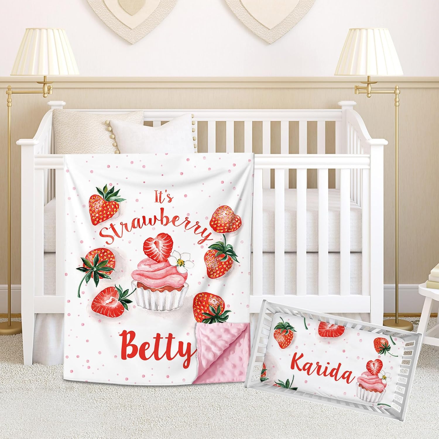 Personalized Baby Crib Bedding Sets for Baby Girls, Custom Name Strawberries Crib Set for Infant Newborn, 2 Piece Nursery Bedding Set Including Minky Blanket, Fitted Sheet for Toddler Nursery Gifts