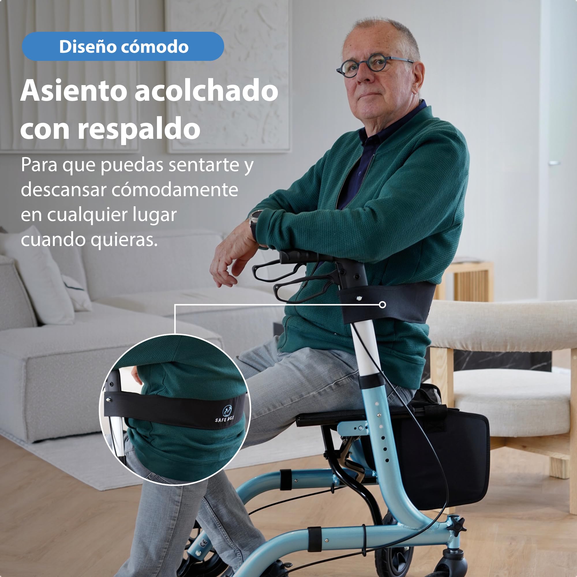 Safe Age Andador para Ancianos con Ruedas - Ligero y Plegable con Asiento para Interior y Exterior - con Respaldo y Soporte para Bastón