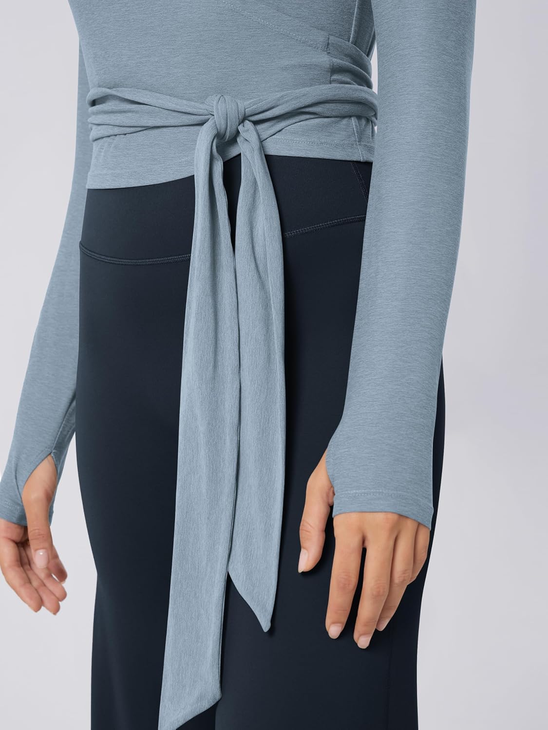 ODODOS Women's Waist Tie Wrap Top - Ultra Soft odSTRATUM Tech UPF 50+ Long Sleeve Cropped Ballet Yoga Shirt with Thumbholes