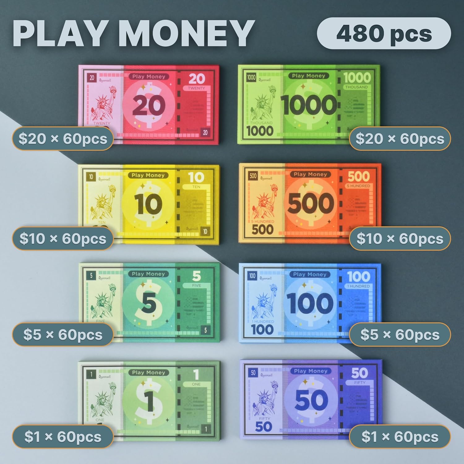 Queensell Play Money Suitable for Monopoly Board Game – 480 pcs of 60 Each Bill Denomination – Double Sides Printing Paper Money for Pretend Play Cashier - 480 pcs