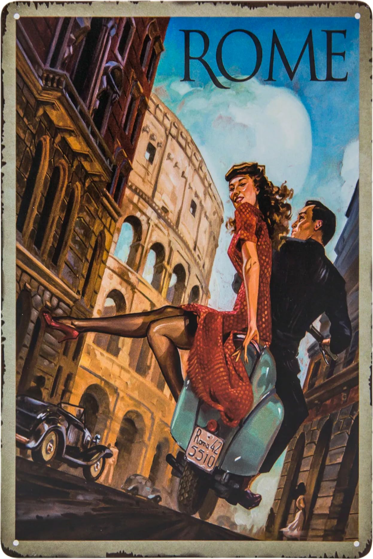 Historical Retro Vintage Tin Sign with Souvenir Travel Motif, Holiday, Adventure, Holiday Decorative Sign, 30 x 20 cm (Rome, Italy)