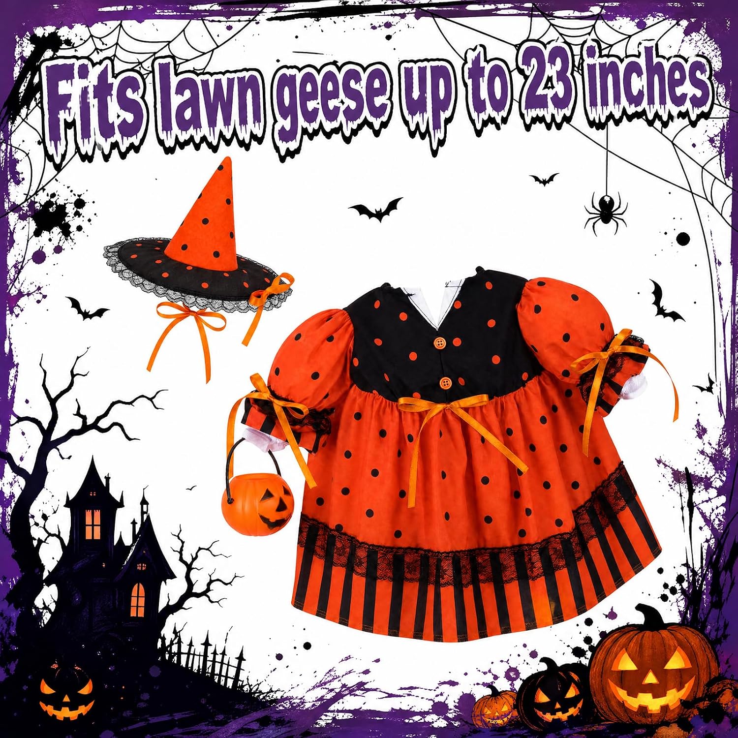 FuWeave Halloween Witch Goose Outfit Set for 23'' Plastic Lawn Porch Goose Statue Clothes Witch Lolita Skirt with Basket Halloween Costume for Outdoor Patio Yard Lawn Art Decor image 2