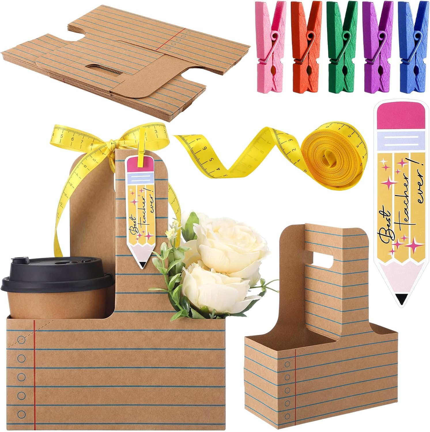 Reallnaive 12 Set Back to School Gifts 2 Cup Drink Carrier,Kraft Line | with Handle, Teacher Appreciation Gifts, with Greeting Card Ribbon Stationery Coffee Flower Holde, DIY School Classroom Party