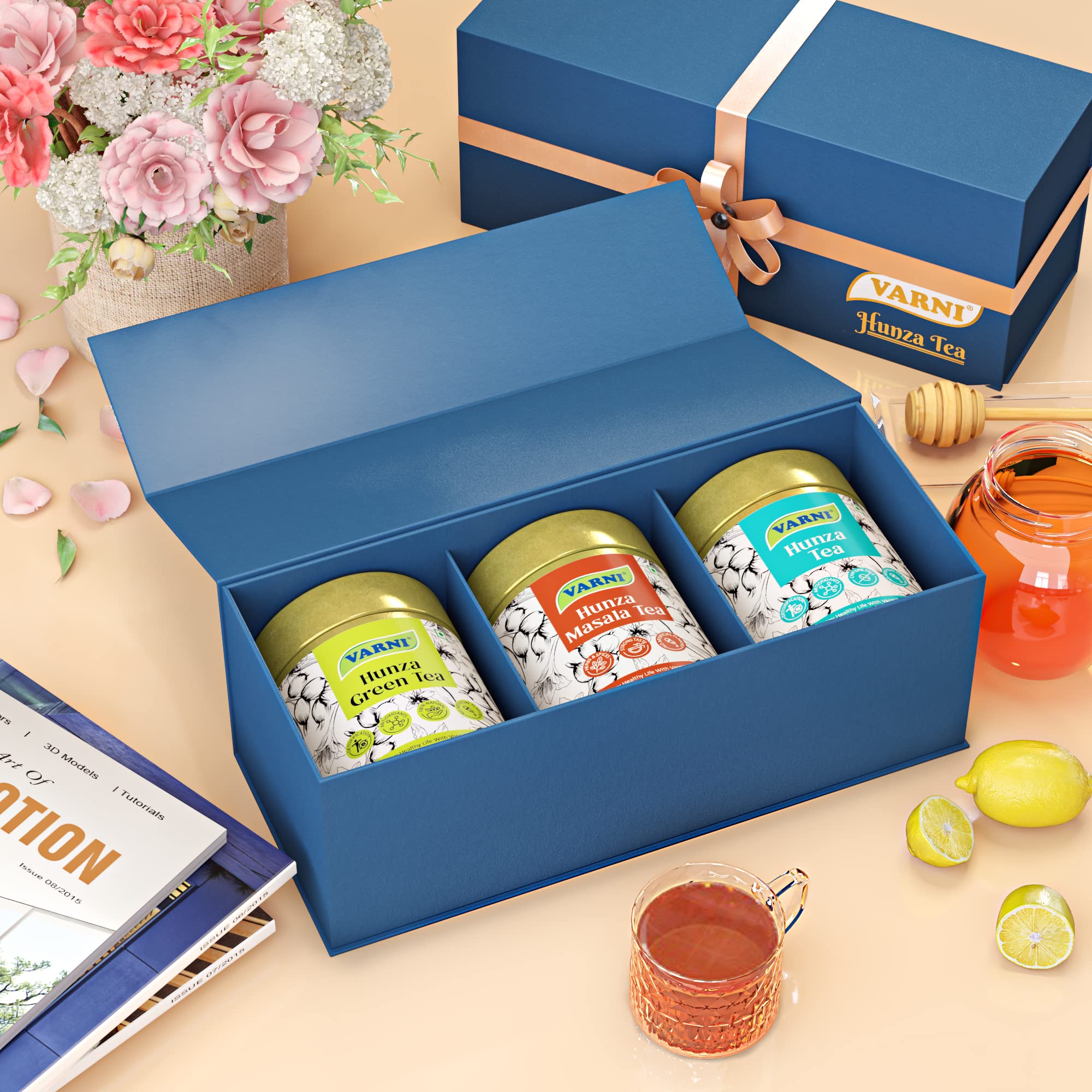 Varni Hunza Handmade 100% Natural Caffeine Free Herbal Hunza Tea, Natural Green Tea & Masala Tea Jar Combo | Tea Jar Gift Pack | No Artificial Flavours | Healthy Tea - 50 GM Each (Pack of 3)