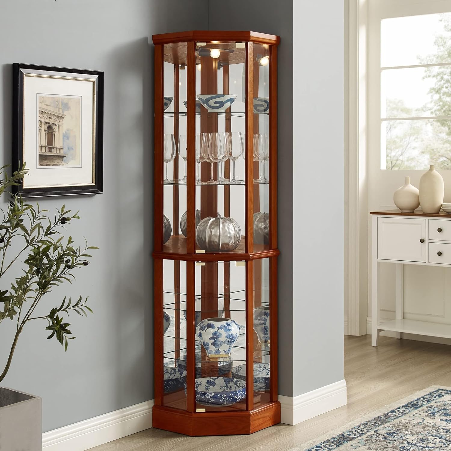 6 Shelf Lighted Corner Curio Cabinet with Adjustable Tempered Glass Shelves and Mirror Back, Oak(E26 Light Bulb not Included)