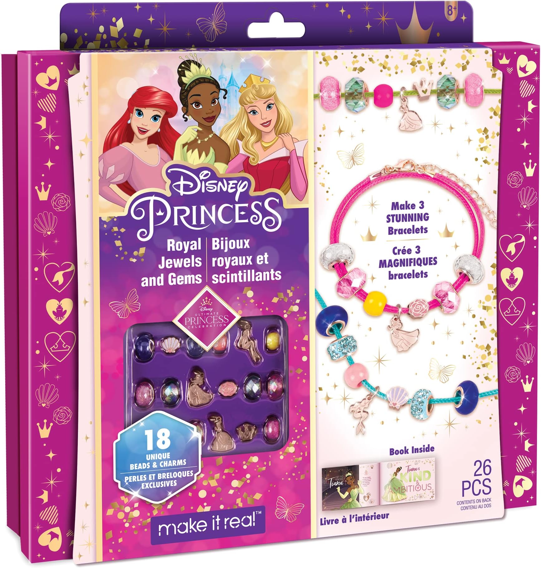 Make It Real Disney Princess Royal Jewels & Gems - Bracelet Making Kit with Princess Charms from Ariel, Tiana & Aurora - Creative Jewellery Making Craft Kit for Kids Aged 8+ with 18 Beads & 3 Cords