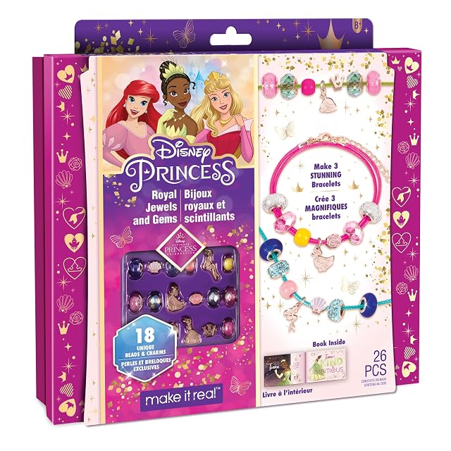 Make It Real - Kit de hacer pulseras de princesa de Disney con dijes de La sirenita, La bella durmiente…