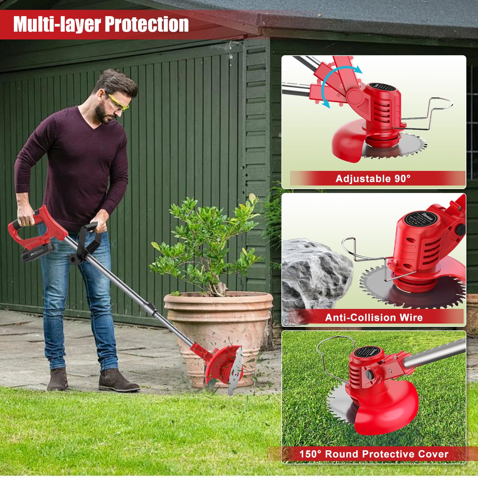 Bamse Rasentrimmer mit Akku, Akku Rasentrimmer, 11000 U/min, 2x2000mAh, Teleskopgriff 85–120cm, 2 Schneidköpfe – Freischneider Akku für Garten, Motorsense, Kantenschneider Rasen, Rot