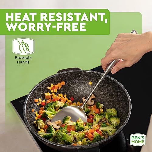 Miniatura 4 de BEN'SHOME Juego de utensilios de cocina de acero inoxidable, 6 piezas con soporte, espátula, cucharón, cucharas de servir, servidor de espaguetis,