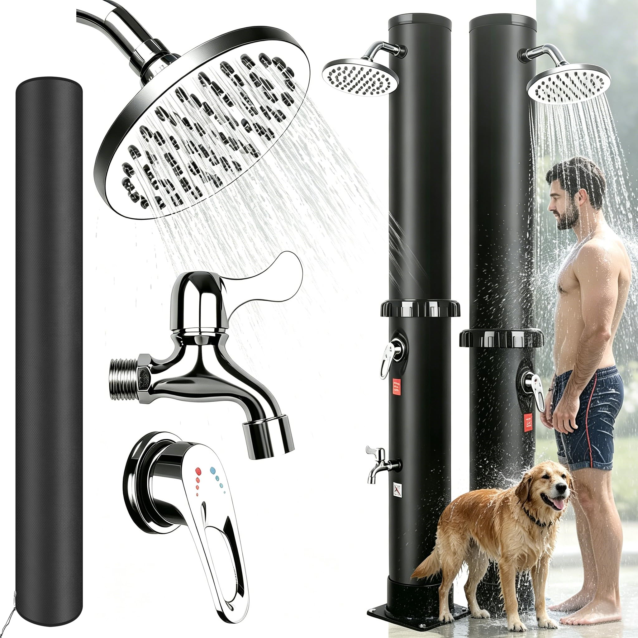 Douche Solaire 40 Liters, Douche de Jardin avec Pommeau de Douche Rotatif et Robinet à Pied, Douche Solaire Piscine Extérieure pour Jardin Plage, Jusqu'à 60 °C avec Housse Anti - Poussière