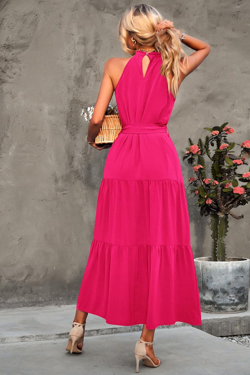 PRETTYGARDEN Women's Summer Floral Maxi Sun Dress Sleeveless Halter Neck Flowy Ruffle Hem Long Boho Dresses with Belt - Image 2