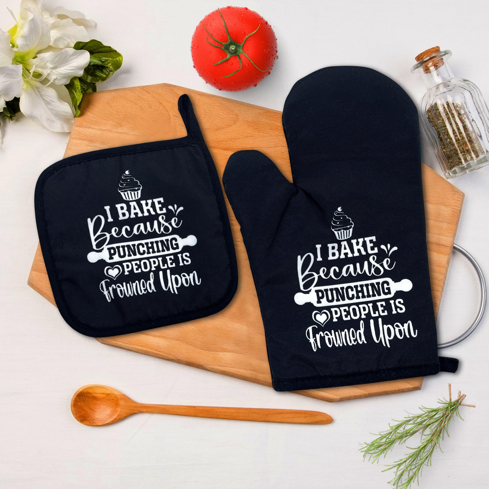 Lustige Ofenhandschuhe & Topflappen-Set – Motiv 'What Ever Happens We're Eating It', Rutschfeste Silikonstreifen