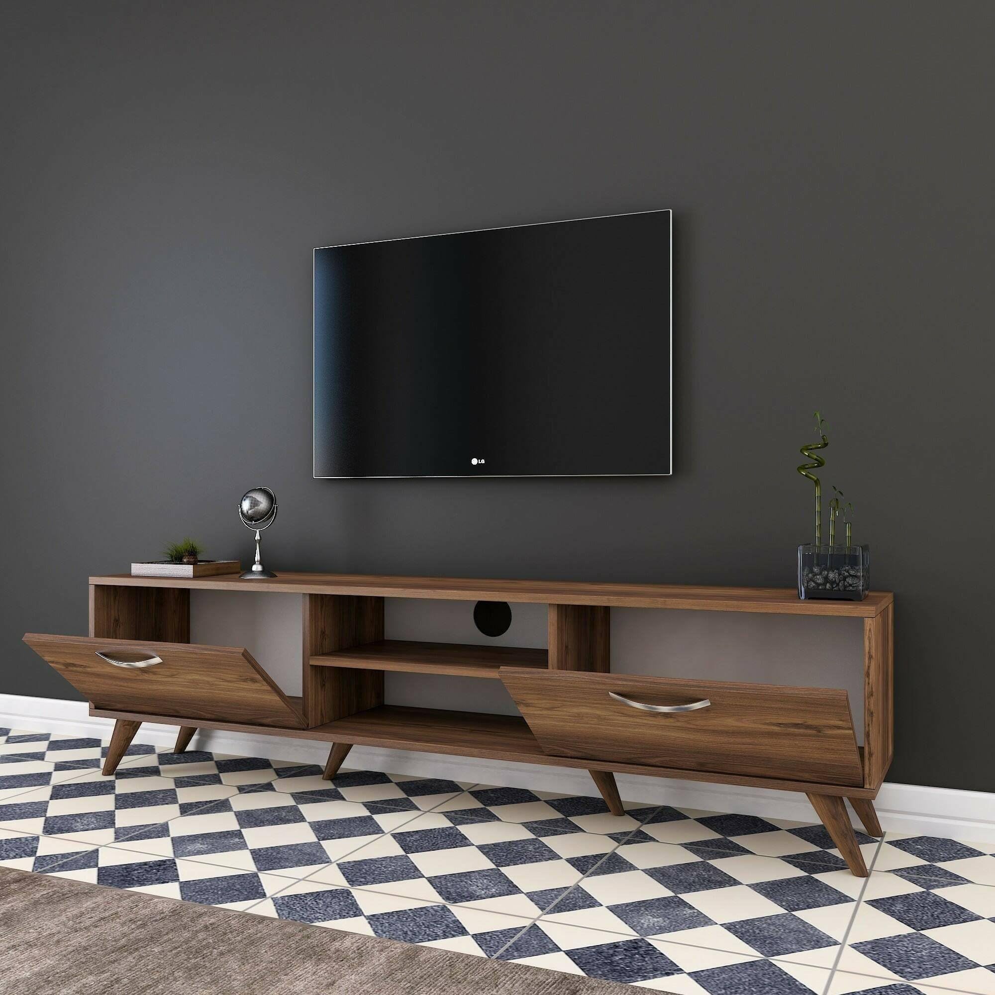 Dmora - Mobile porta TV Aldh, Credenza da soggiorno, Armadio basso per TV, Base parete attrezzata, 180x35h49 cm, Noce