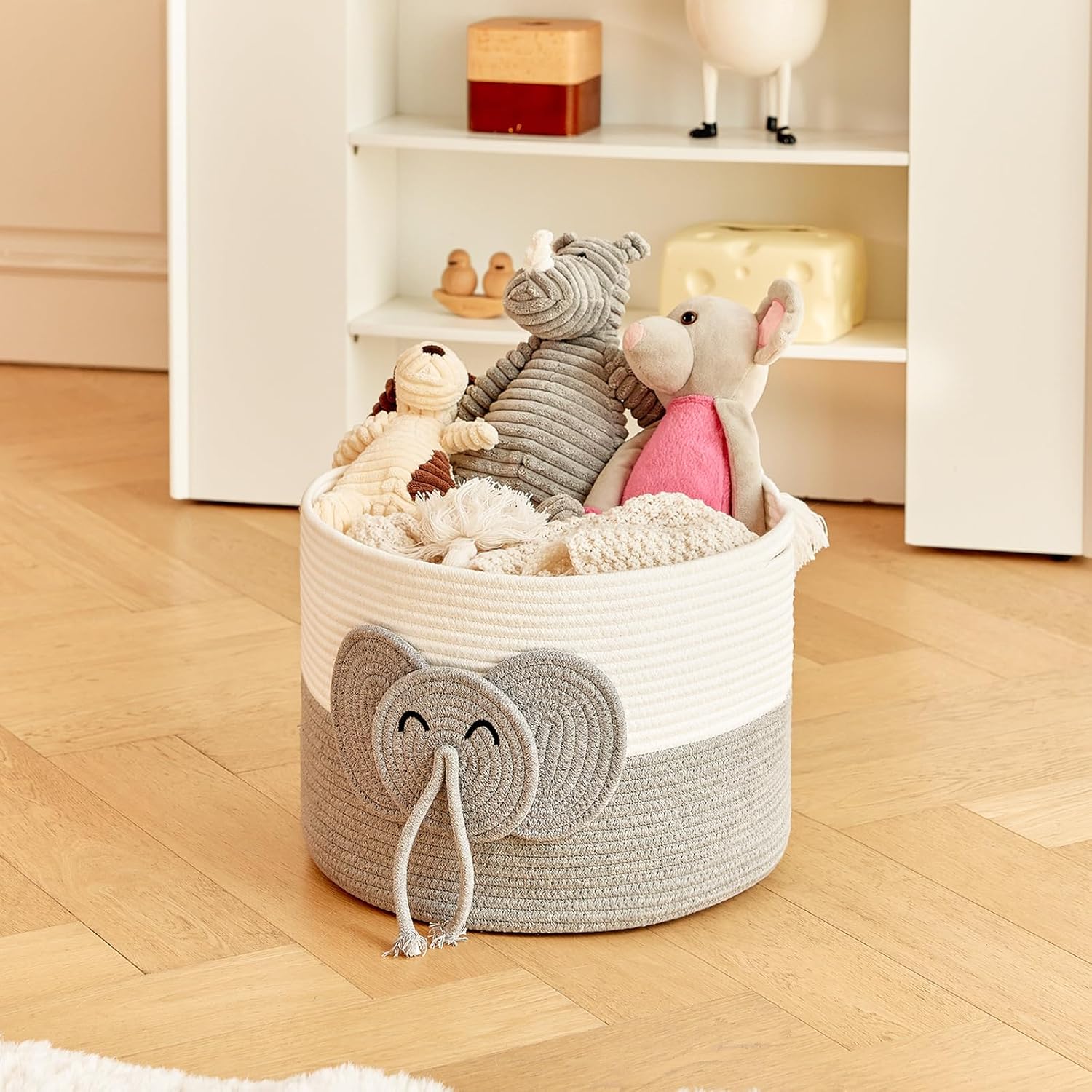 Large Elephant Cotton Rope Basket - Versatile Baby Hamper and Toy Basket, Perfect Basket for Baby Shower Gifts, Stylish Laundry Basket, Round Basket for Children's Storage (15"x15"x11") - Image 3