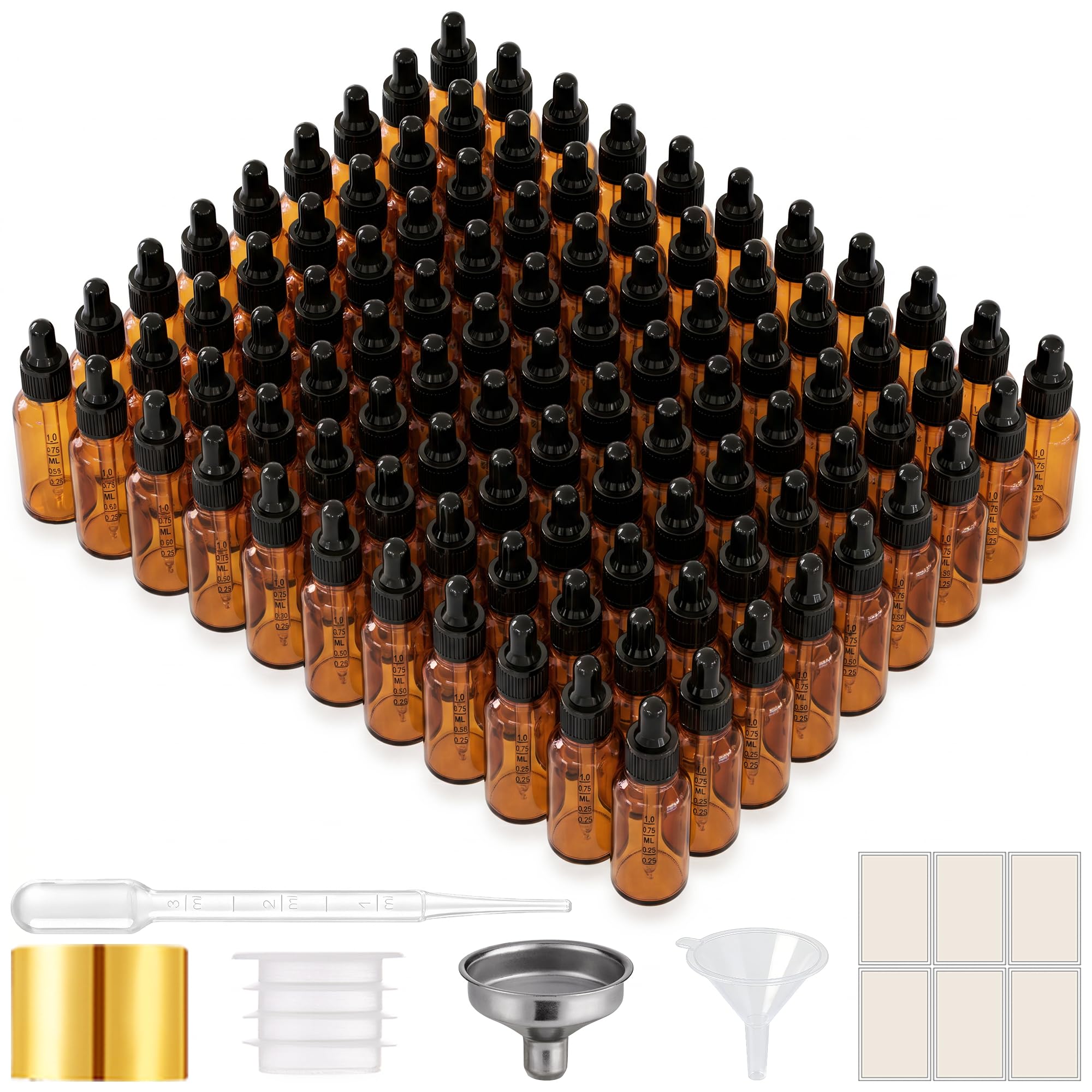 PrettyCare 99 Pack 0.5 oz Amber Glass Dropper Bottle with Black Cap, 15ml Mini Dropper Bottles Bulk - Empty Eye Dropper Bottles for Samples, Hair Oil, Liquid &amp; Lab