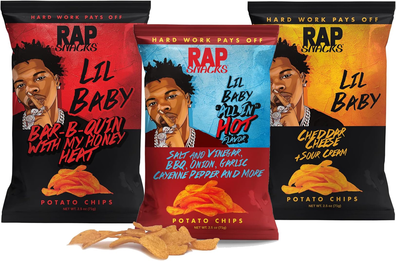 Lil Baby Cheddar and Sour Cream, Bar-B-Quin' With My Honey Heat and All In Hot-Variety Pack of 6