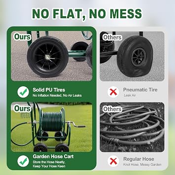 VINGLI 300FT 5/8in Garden Hose Reel Cart, 4-Wheel Portable Residential Hose Reel Cart, Hose Guide System with Storage Basket, Rust Resistant, for Family Yard, Garden and Farm (Green)