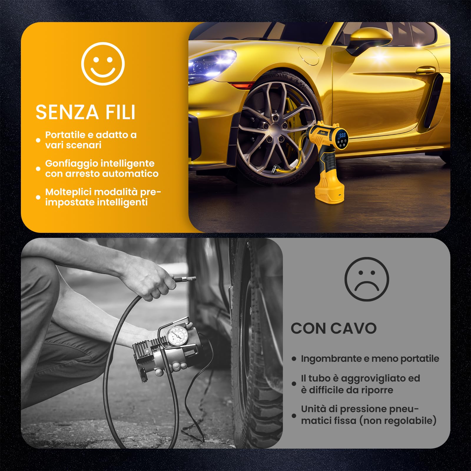 Compressore Aria Portatile – 150PSI 22L/Min Mini Compressore Portatile | Compressore Auto 12V Gonfiatore Elettrico con Spegnimento Automatico, Display LCD, LED, per Auto, Bici, Moto, Palloni
