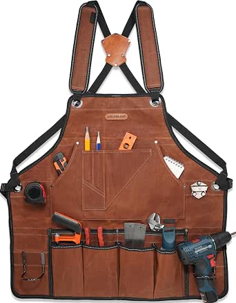 WELKINLAND 11-Pockets Waxed-Canvas Tool Apron, Heavy-Duty Carpenter Apron, Fully-Adjustable Workshop Apron for Men