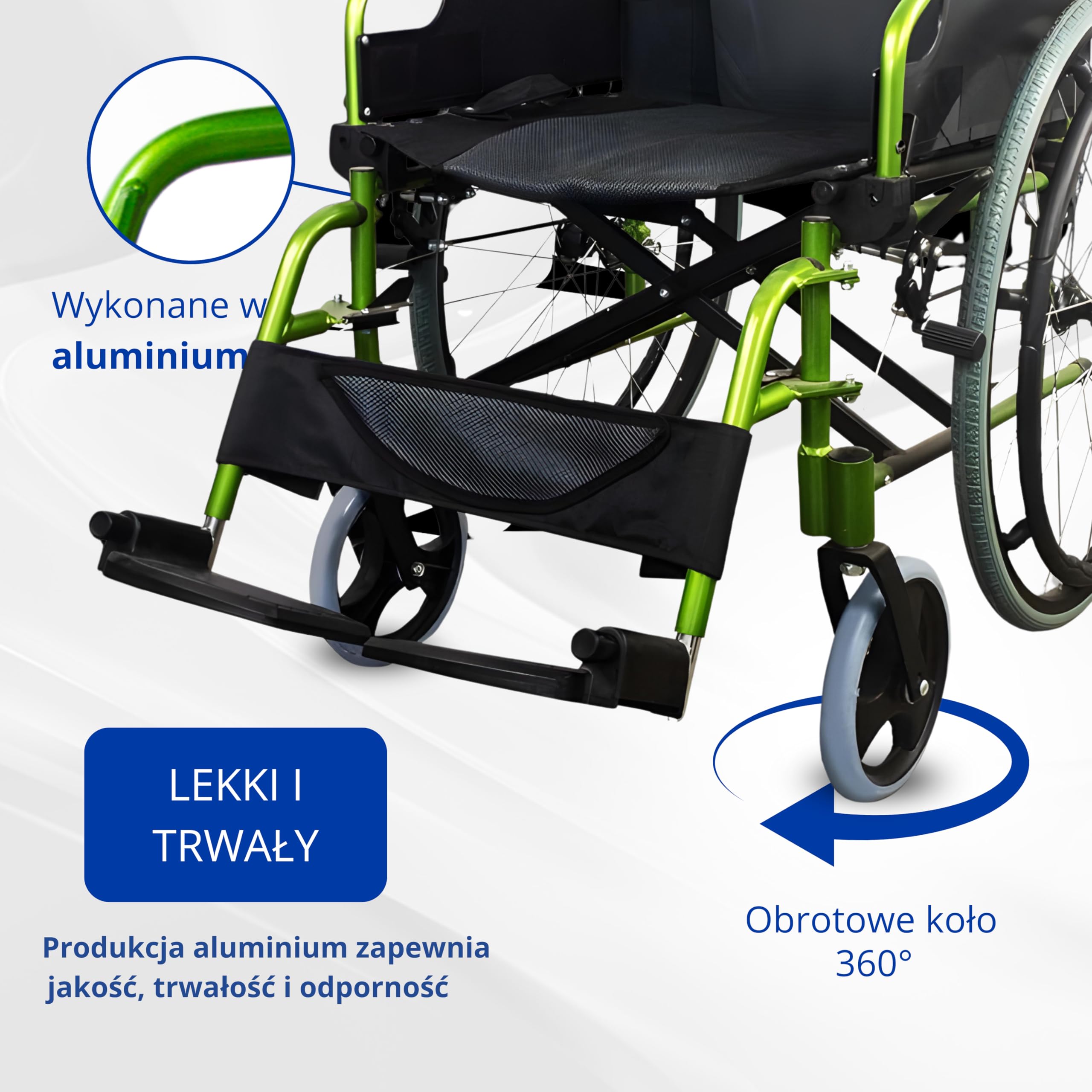Wózek składany | Aluminium | Dzielone oparcie | Składane podłokietniki | Zielony | Bolonia | Mobiclinic
