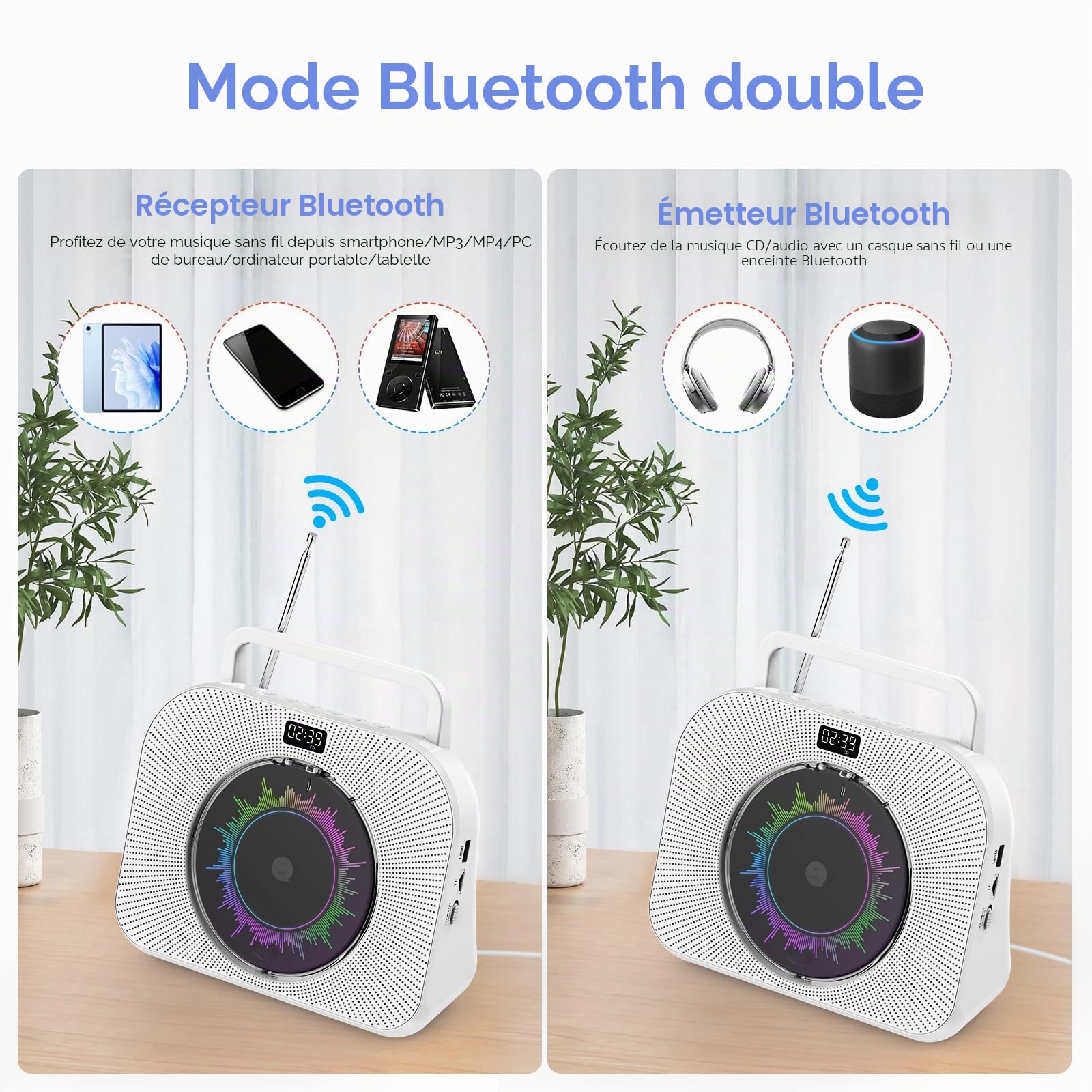 Lecteur de CD Bluetooth Lecteur CD de Bureau avec Haut-parleurs Lecteur CD Enfant supporte Les USB/TF/AUX Lecture Réveil Minuteur avec télécommande Housse de Protection Ecran Prise Casque