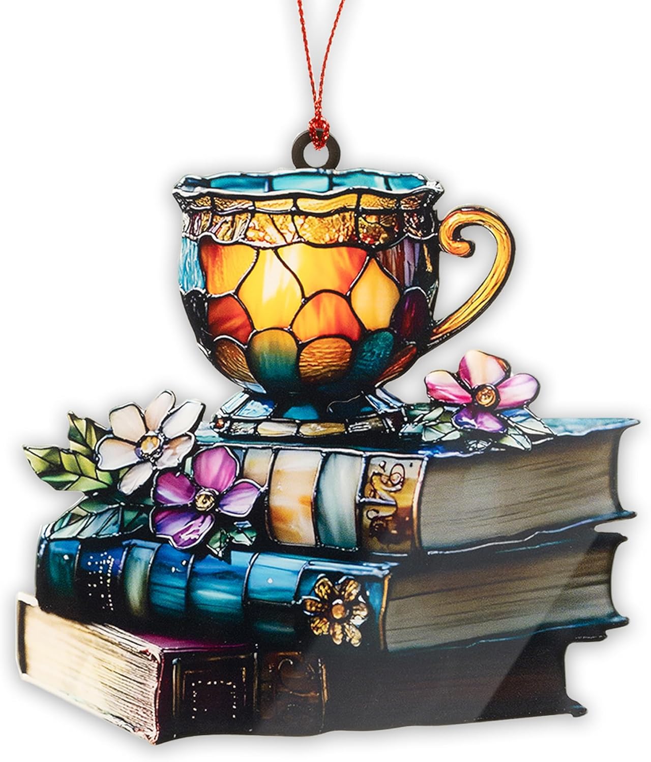 Book Ornament, Tea Books Floral Acrylic Suncatcher, Book Lover Gifts for Women, Christmas Ornaments for Tree, Gift for Readers Friends Coworker, Hanging Literary Decor, Holiday Ornaments
