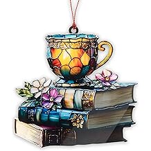 Book Ornament, Tea Books Floral Acrylic Suncatcher, Book Lover Gifts for Women, Christmas Ornaments for Tree, Gift for Readers Friends Coworker, Hanging Literary Decor, Holiday Ornaments