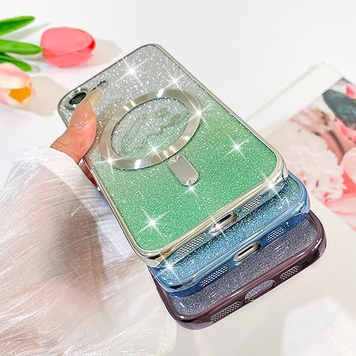 Vista 519 de Fiyart - Funda transparente magnética con purpurina para iPhone 12 para mujeres, con grabado "Love" metálico, protección para cámara y antigolpes