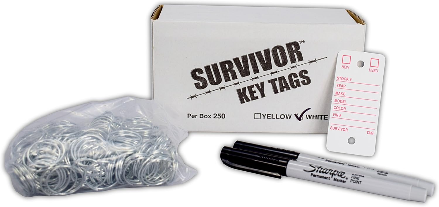 Poly Key Tag, Car Key Tags, White, 250 per Box, with Rings and Pens (Survivor)