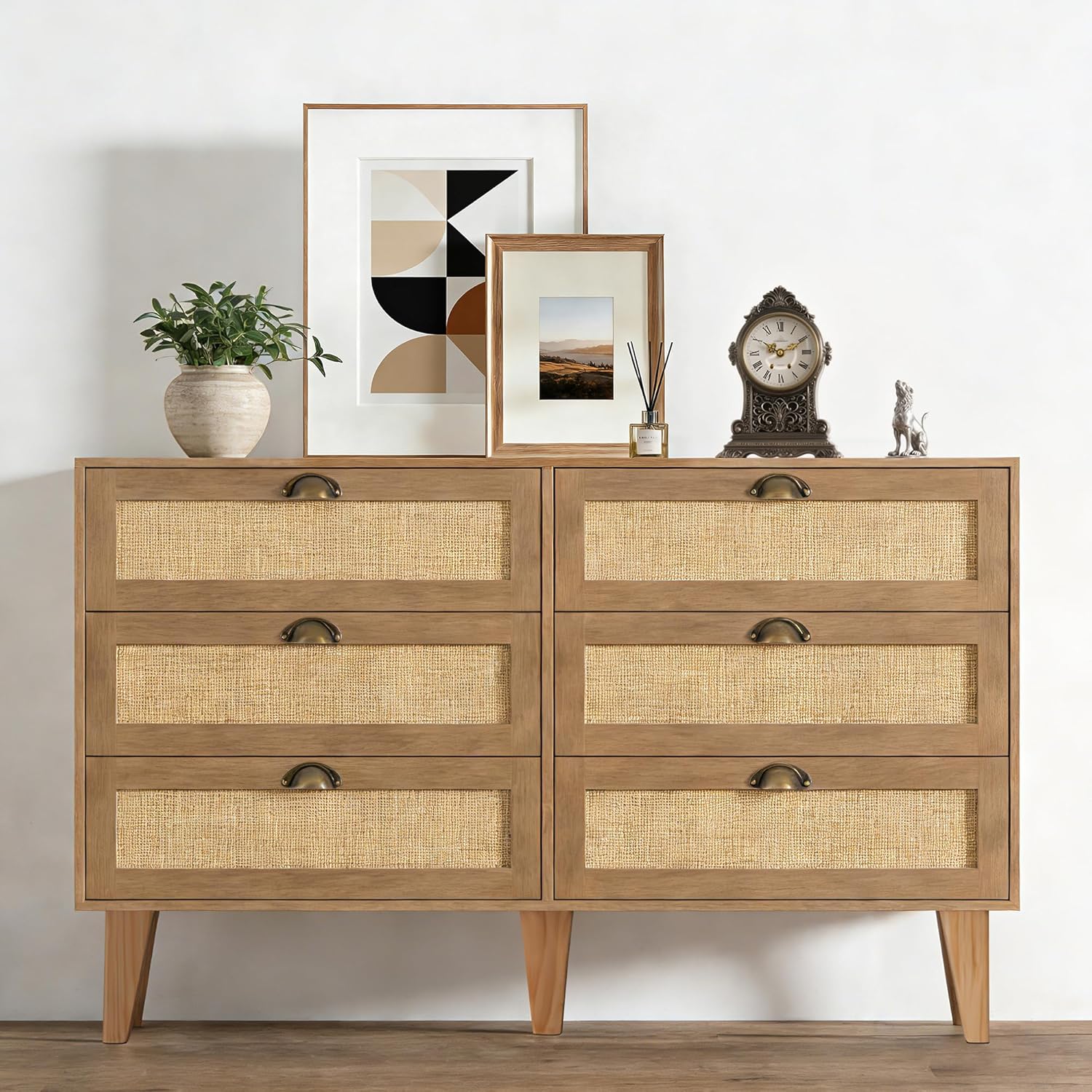 GREEN PARTY 6 Drawer Rattan Dresser, 47" Boho Natural Wood Chest of Drawers with Cup Pull Handles, Modern Farmhouse Storage Organizer & TV Stand for Bedroom, Living Room, Closet