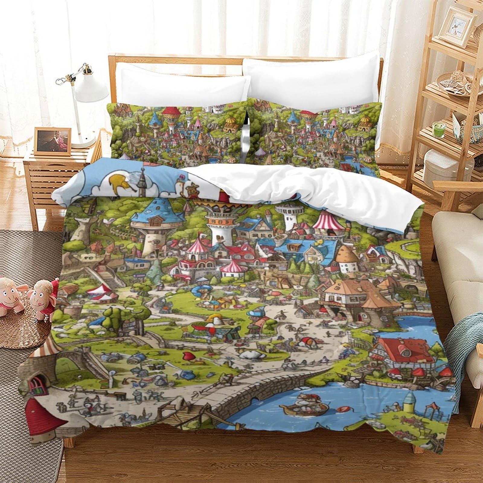 Parure de lit 140x200 cm microfibre ado thème parc d'attractions avec housse de couette zippée