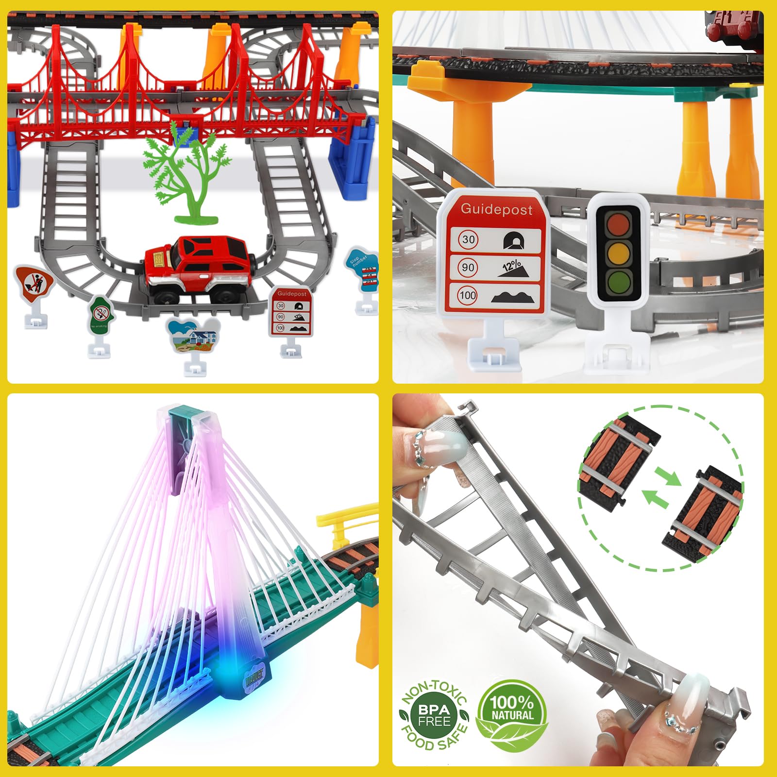 Circuit Voiture,Circuit Train Electrique,141 Pièces Ensemble Train Enfant,Petit Electrique avec Voitur et Voies Ferrées,Sons et Lumières,Jouet de Cadeau Éducatif Garçons