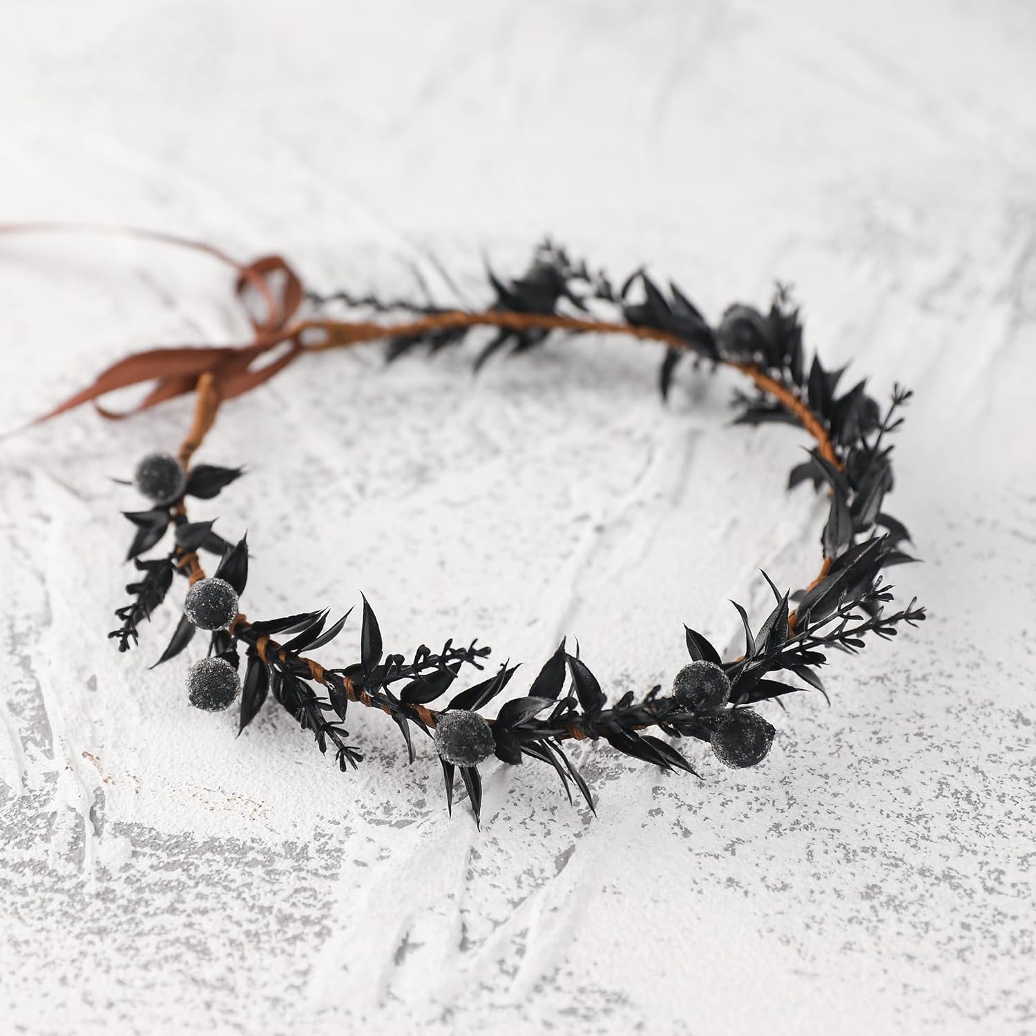 Handmade Black Flower Crown - Adjustable Black Floral Headband Renaissance Hair Accessories Elf Headpiece Boho Garland for Women Girls Renaissance Festival Photography Props - Image 5