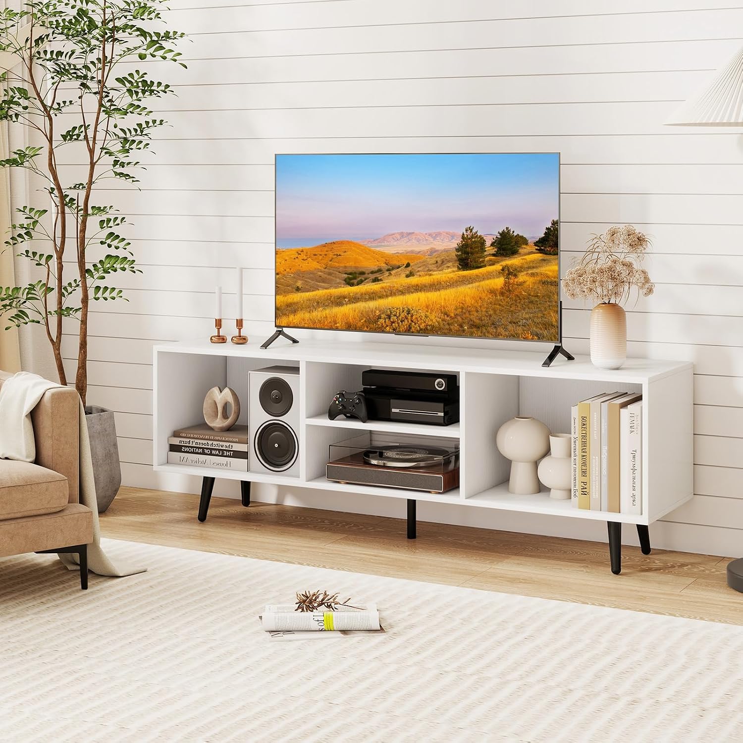 GIANTEX Modern TV Stand for TVs up to 55", TV Entertainment Center with Storage, Open Shelves & 5 Heavy-Duty Metal Legs, Wood Media Console Table for Living Room, Bedroom (White)