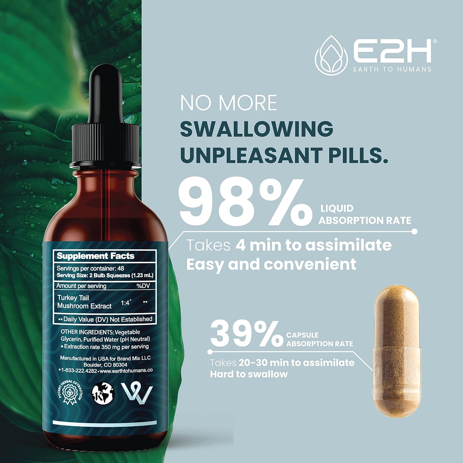 E2H Turkey Tail Mushroom Extract - All-Natural Immune System & Digestive Support from Advanced Mushroom Supplement - Turkey Tail Mushrooms Supplement - Non-GMO, Vegan (3 Bottles)