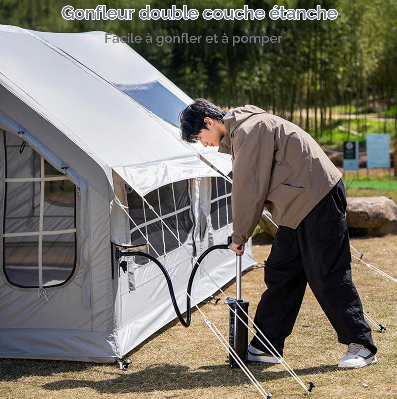 Tente De Camping Gonflable avec Ouverture De Cheminée, Tente Gonflable, Grande Tentes Extérieure Imperméables avec Pompe À Air pour 6-8 Personnes, Tentes Camping Familiale, Protection UPF 50+
