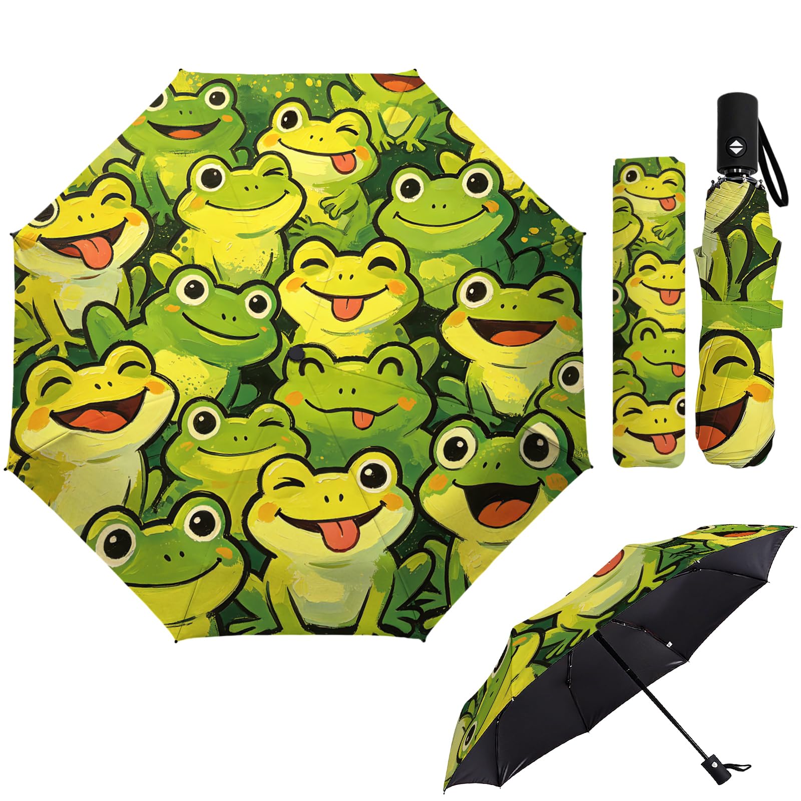 MAYJOYDIY Paraguas plegable automático de rana sonriente cartoon, grupo de ranas lindo, paraguas de viaje a prueba de viento 107cm paraguas compacto para mujeres hombres protección lluvia sol