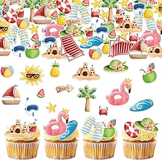 46pcs Edible Summer Beach Cupcake Toppers Wafer Paper Ball Sun Diving Goggles Watermelon Slippers Cupcake Picks Edible Summer Cake Toppers for Hawaii Theme Birthday Party Supplies