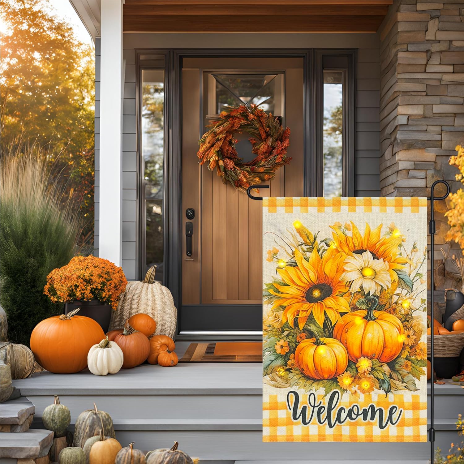 Lighted Fall Thanksgiving Garden Flag Double Sided 12×18 Inch,8 Modes Solar LED Welcome Pumkins Sunflowers Decorations for Home Lawn Porch