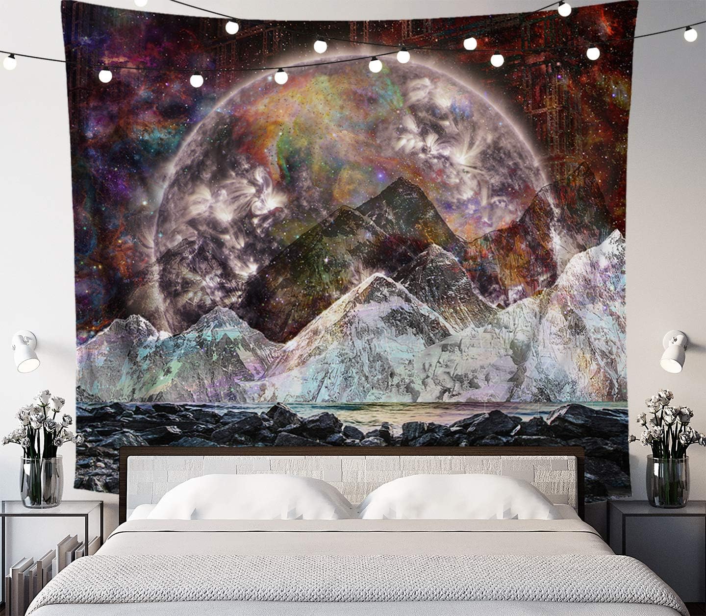 LUCID EYE Dark Moon Trippy Tapestry, Psychedelic Space and Mountain Landscape Wall Hanging, Surreal Trippy Art for Bedroom Living Room Dorm, 58x51 inches