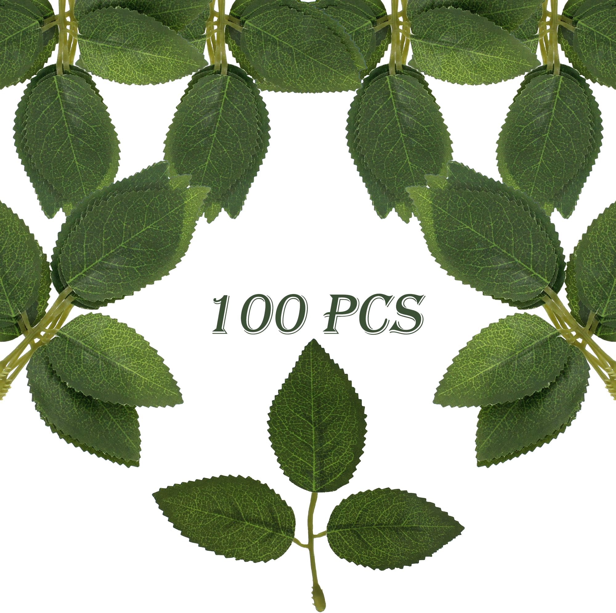 100 Pcs Artificial Flowers Green Leaf Bulk Faux Greenery Silk Fake Rose Leaves Bouquet Garland Wreath Floral Arrangement Supplie DIY Craft (1 Stem with 3 Large-Leaf Green)