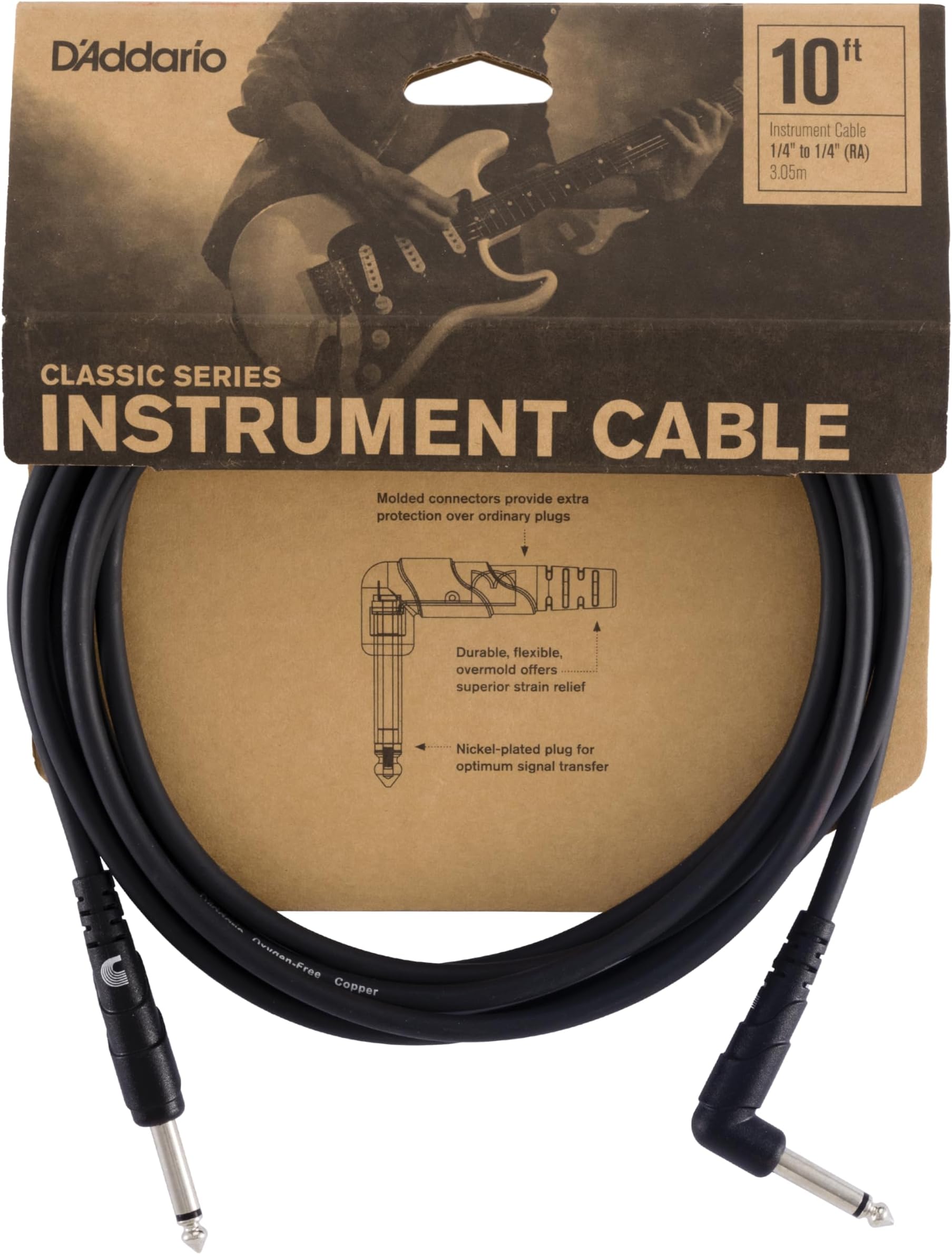 Planet Waves PW-CGTRA-10 10-foot Classic Series Instrument Cable (Right Angle), Black