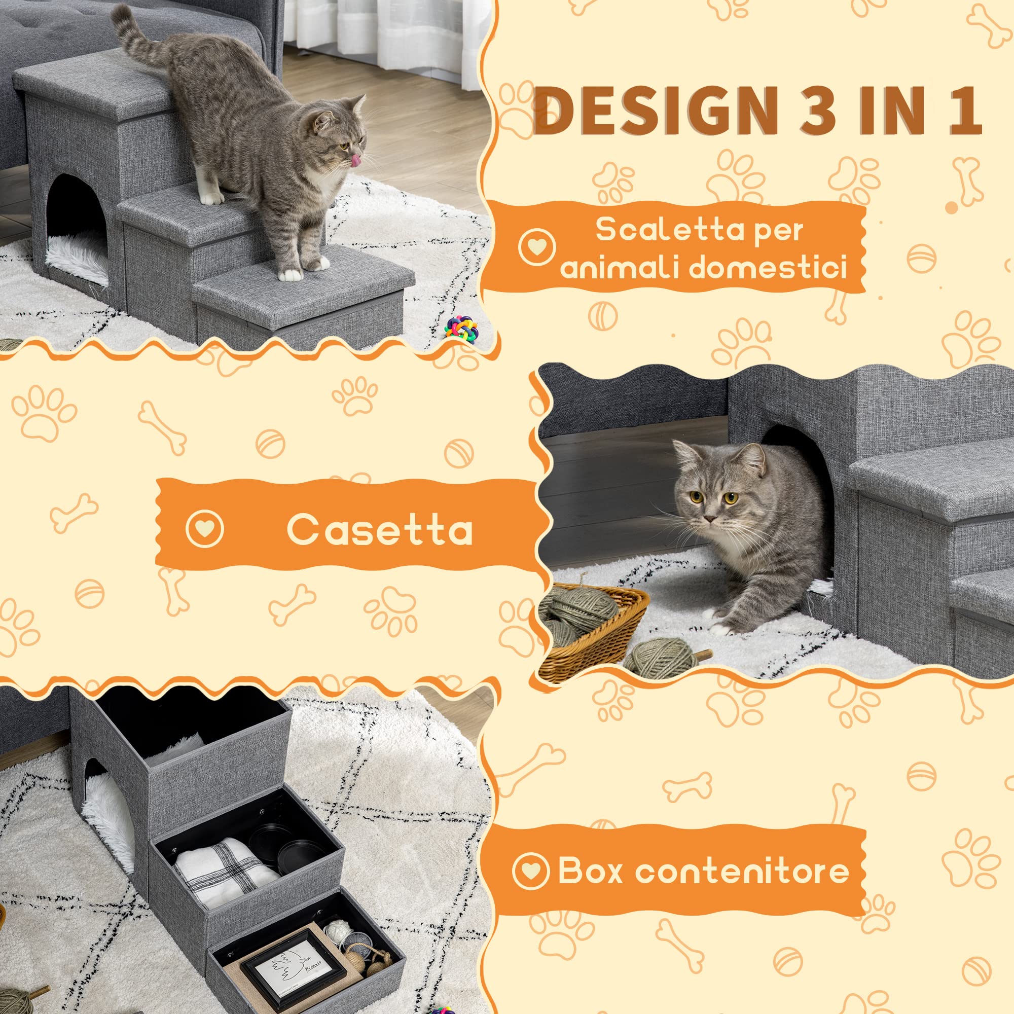 PawHut Scaletta per Cani e Gatti 10kg max a 3 Gradini con Casetta per Cani e Spazio Portaoggetti a Scomparsa, 73.5x33x40.5 cm, Grigio