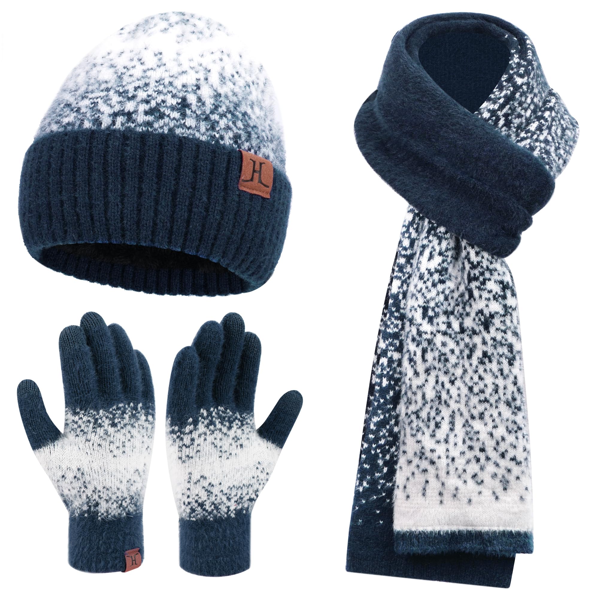 Womens Winter Knit Beanie Hats and Touchscreen Gloves Long Scarf Set Warm Fleece Skull Caps Gifts for Women-image-25