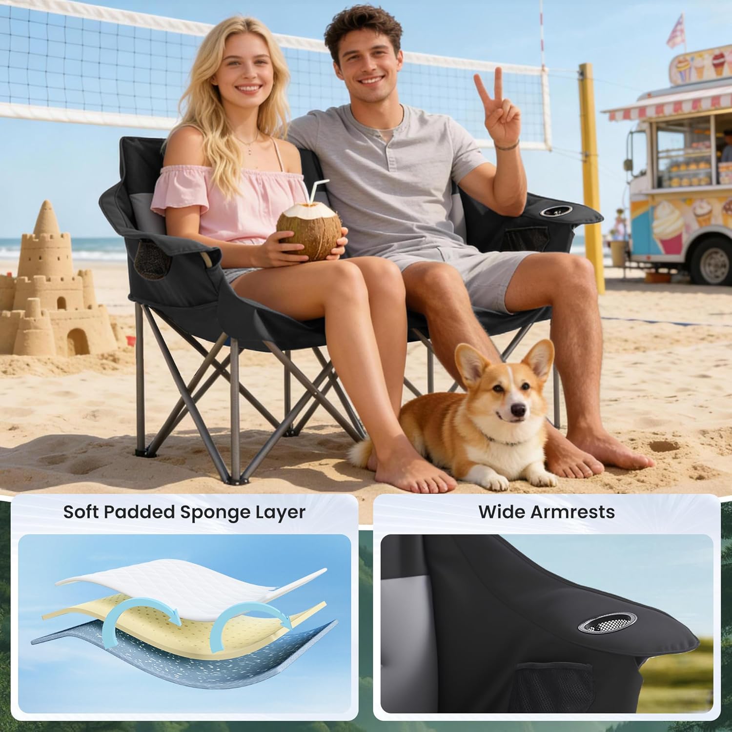 Foldable Double Camping Chair, Heavy Duty 800 LBS Capacity with 2 Cup Holders & Side Pocket for Outdoor Camping, Picnic (Black & Gray)