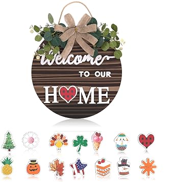 Interchangeable Welcome Sign Welcome Signs for Front Door, Rustic Fir Wood with Hanging Cord & Metal Hook, Includes 14 Magnetic Changeable Icons for Holiday, Year-Round Porch & Indoor Decoration