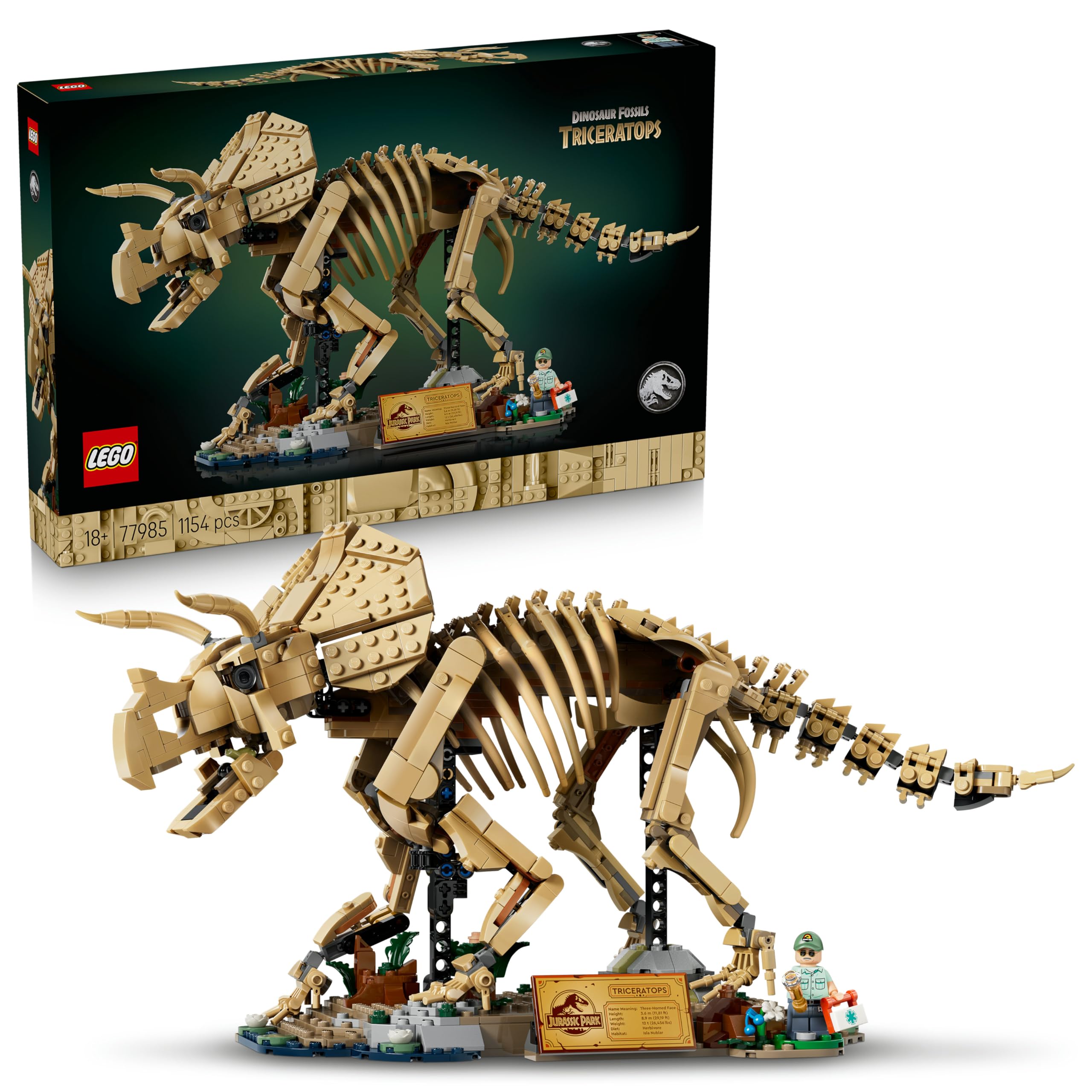 LEGO Jurassic World Fossili di Dinosauro: Triceratopo - Kit Modellismo per Adulti con Minifigure del Dr. Gerry Harding - Decorazione per Scrivania o Scaffale - Regalo per Fan di Jurassic Park - 77985