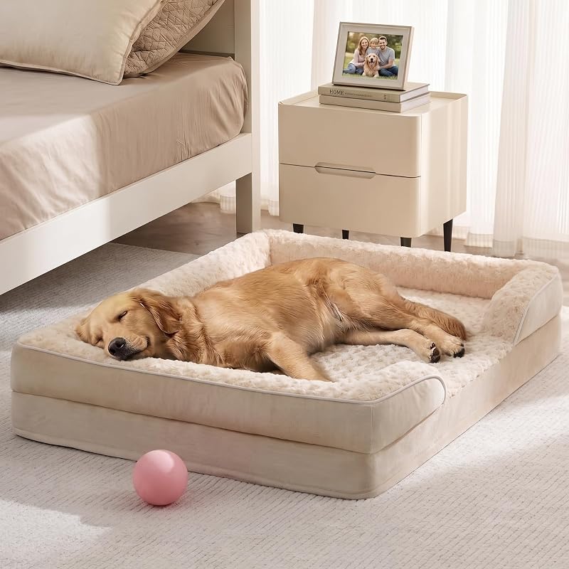 Cama ortopédica para cães com espuma de alta densidade e capa impermeável WNPETHOME Bege 91,4 x 68,6 x 16,5 cm