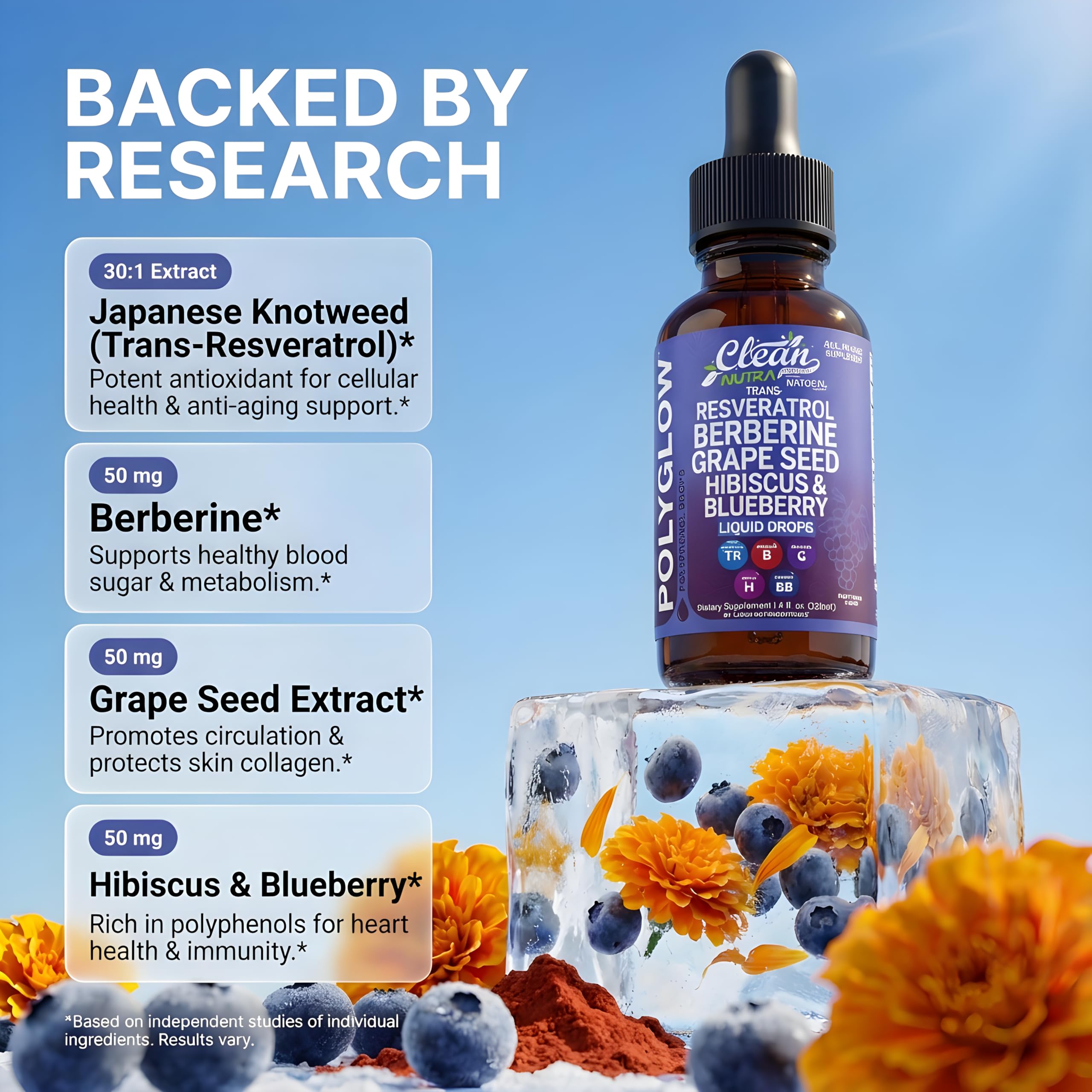 Clean Nutra Trans-Resveratrol Berberine Liquid Drops with Grape Seed Extract, Vitamin C, Quercetin, Hibiscus & Blueberry - All-in-One Polyphenol Antioxidant Supplement for Heart Health, 4 fl oz, Vegan — Amazon image 3